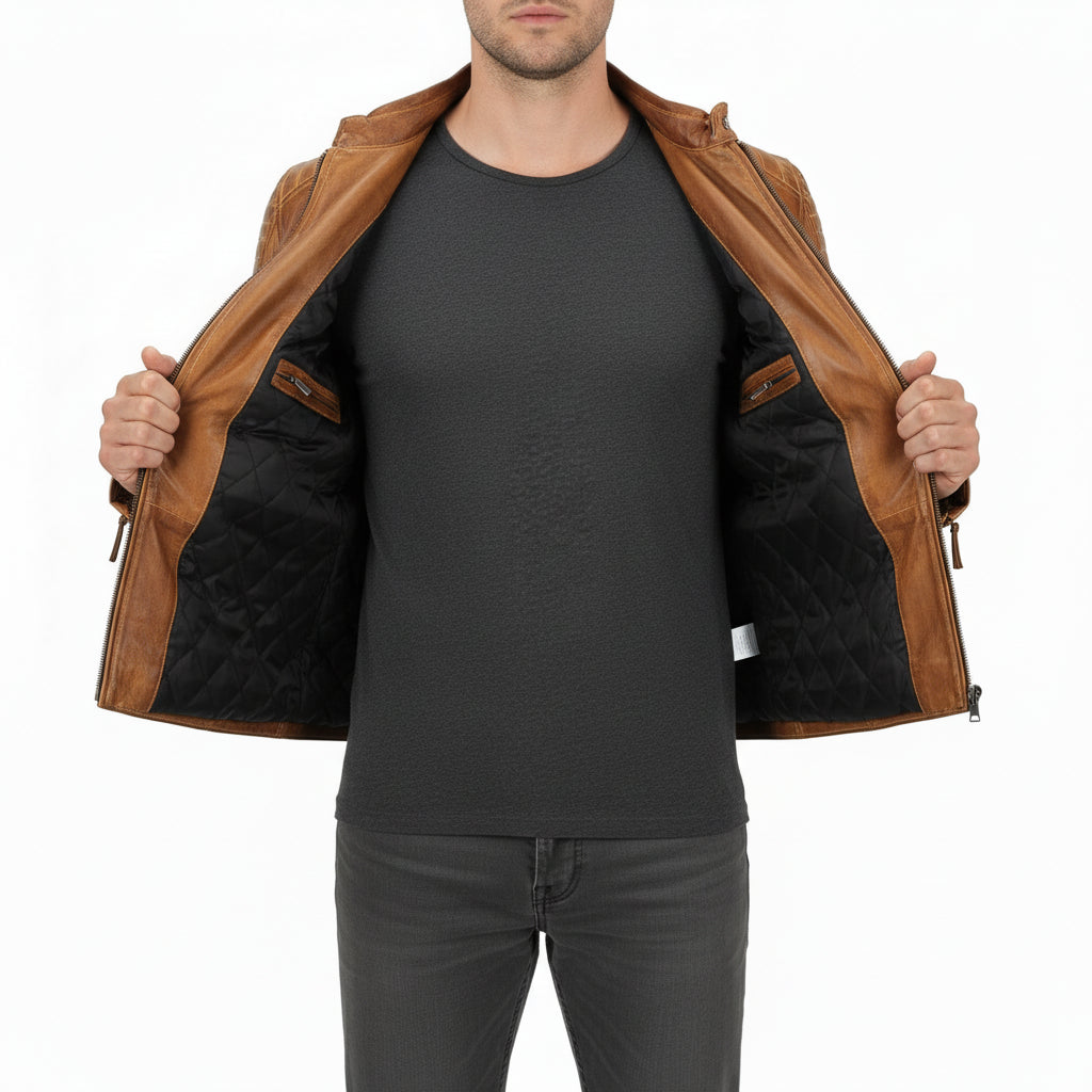 model-front-open - Men's Slim Fit Antique Washed Brown Leather Biker Jacket, Men's Retro Zip Leather Jacket in Brown