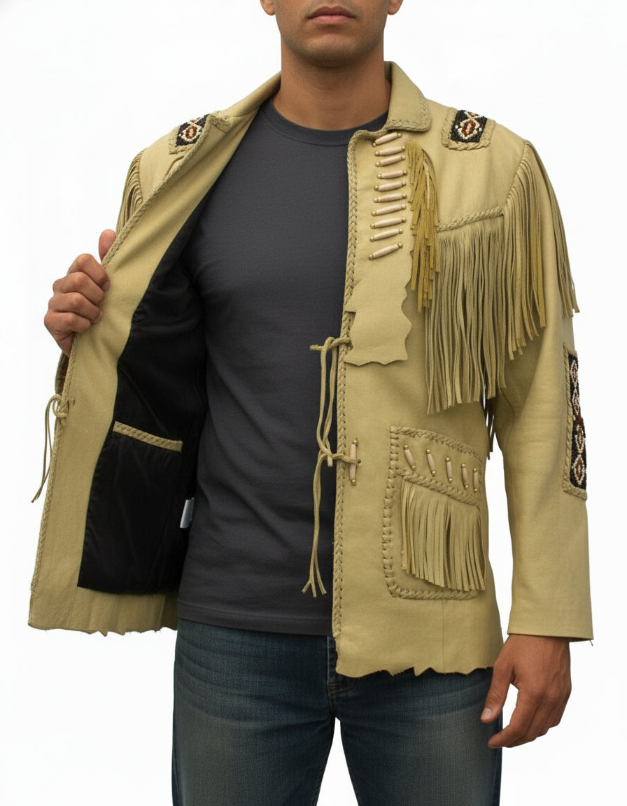 model-front-open - Mens Suede Leather Jacket Western Wear Cowboy Coat Fringe Bead & Bones Work