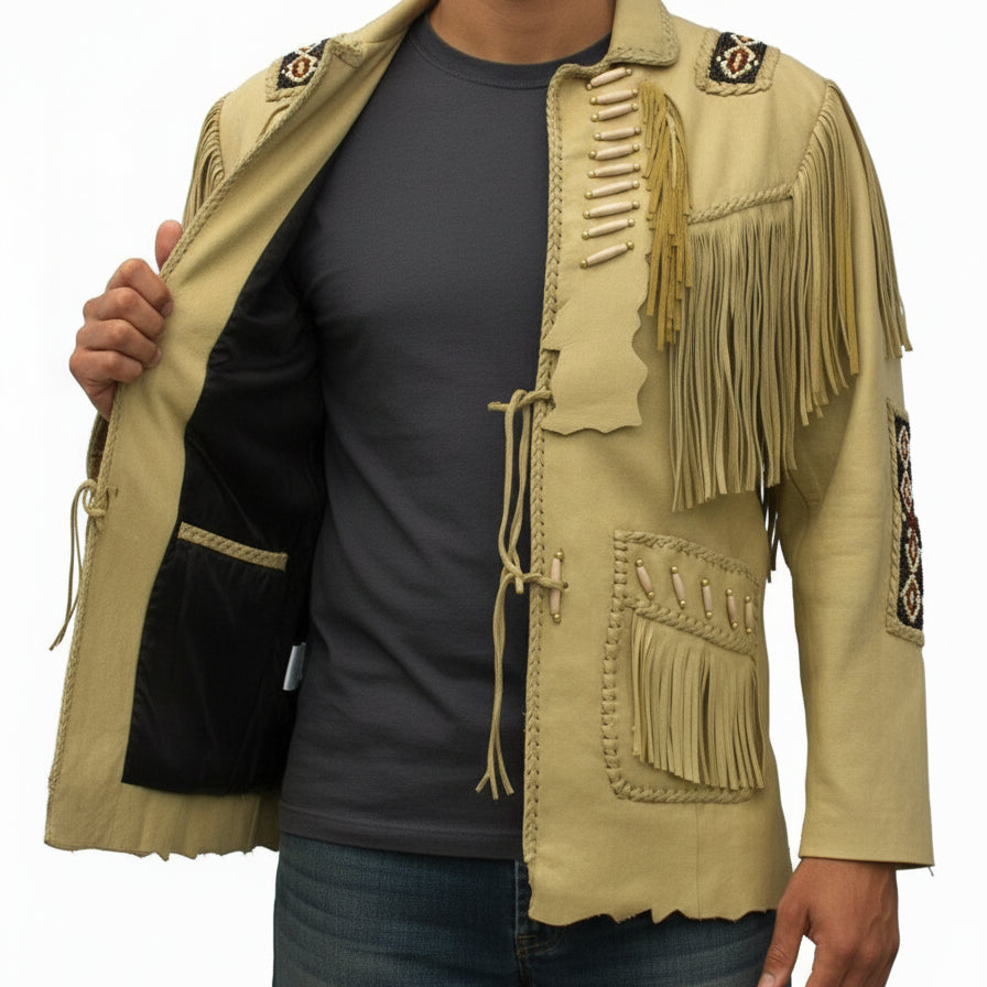 model-front-open - Mens Suede Leather Jacket Western Wear Cowboy Coat Fringe Bead & Bones Work