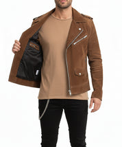 model-front-open - Mens Tan brown Suede biker Jacket, Men brown biker suede leather Jacket
