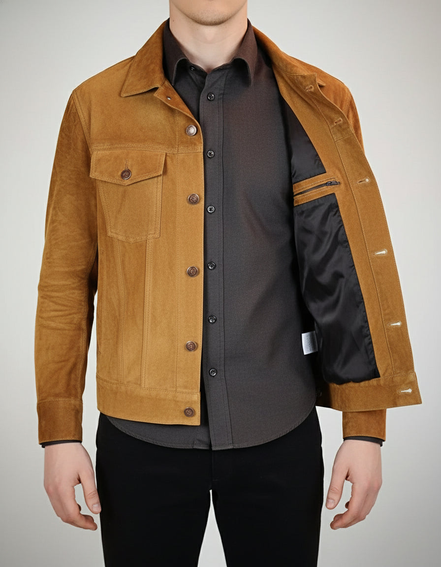 model-front-open - Men's Tan Brown Suede Trucker Jacket