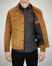 model-front-open - Men's Tan Brown Suede Trucker Jacket