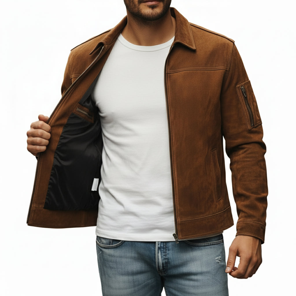 model-front-open - Men's Trucker Suede Jacket, Suede Biker Jacket, Men's Casual Suede Jacket, Suede Moto Jacket