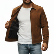 model-front-open - Men's Trucker Suede Jacket, Suede Biker Jacket, Men's Casual Suede Jacket, Suede Moto Jacket