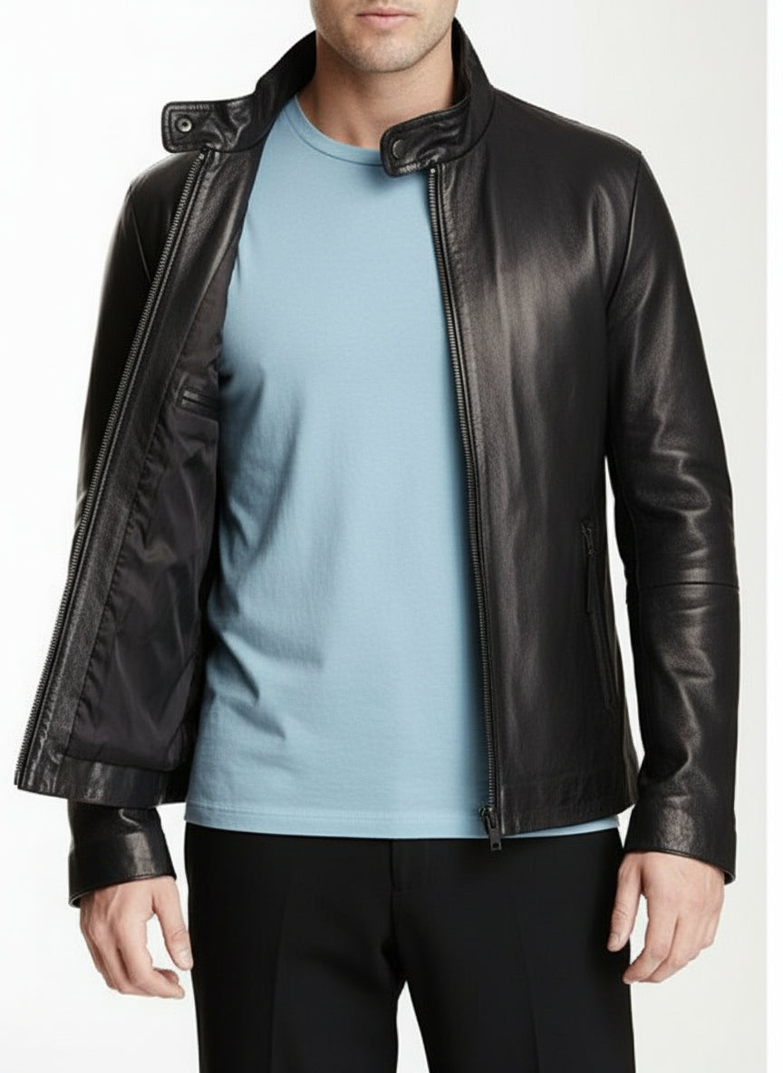 model-front-open - New Men Black Leather Biker Jackets, Real Leather Jackets For Mens