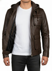 model-front-open - New Men Hooded Latest Winter Leather Jacket, Leather Jacket, Leather