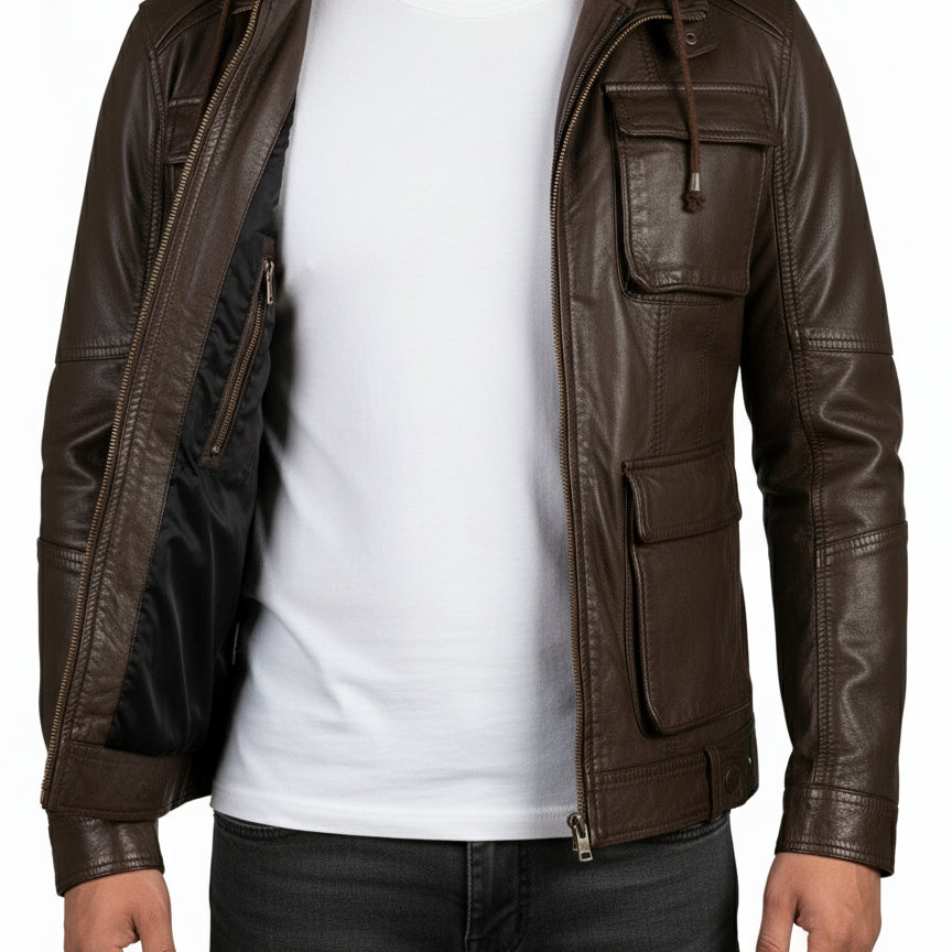 model-front-open - New Men Hooded Latest Winter Leather Jacket, Leather Jacket, Leather