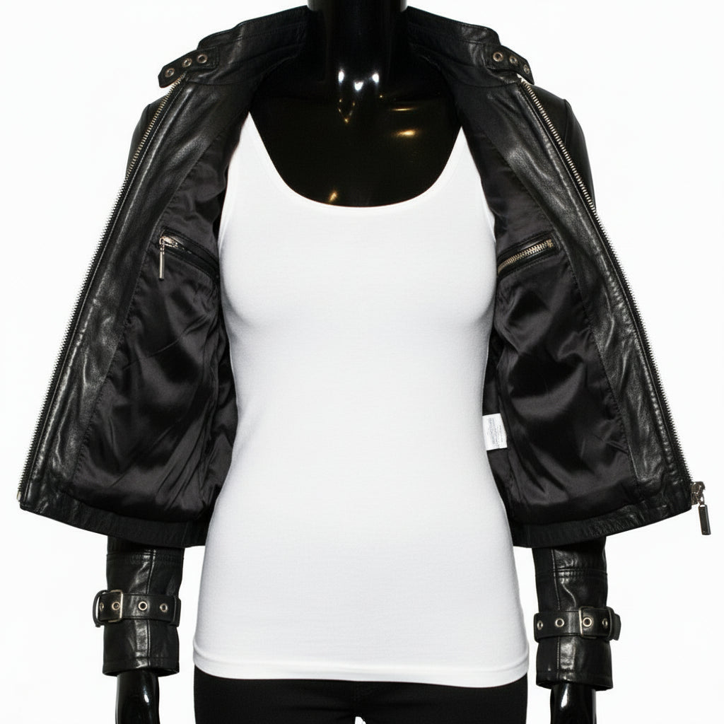 model-front-open - Punk Women Black Leather Belted Jacket, Women Style Leather Jacket