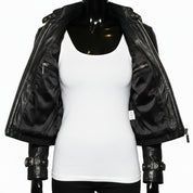 model-front-open - Punk Women Black Leather Belted Jacket, Women Style Leather Jacket