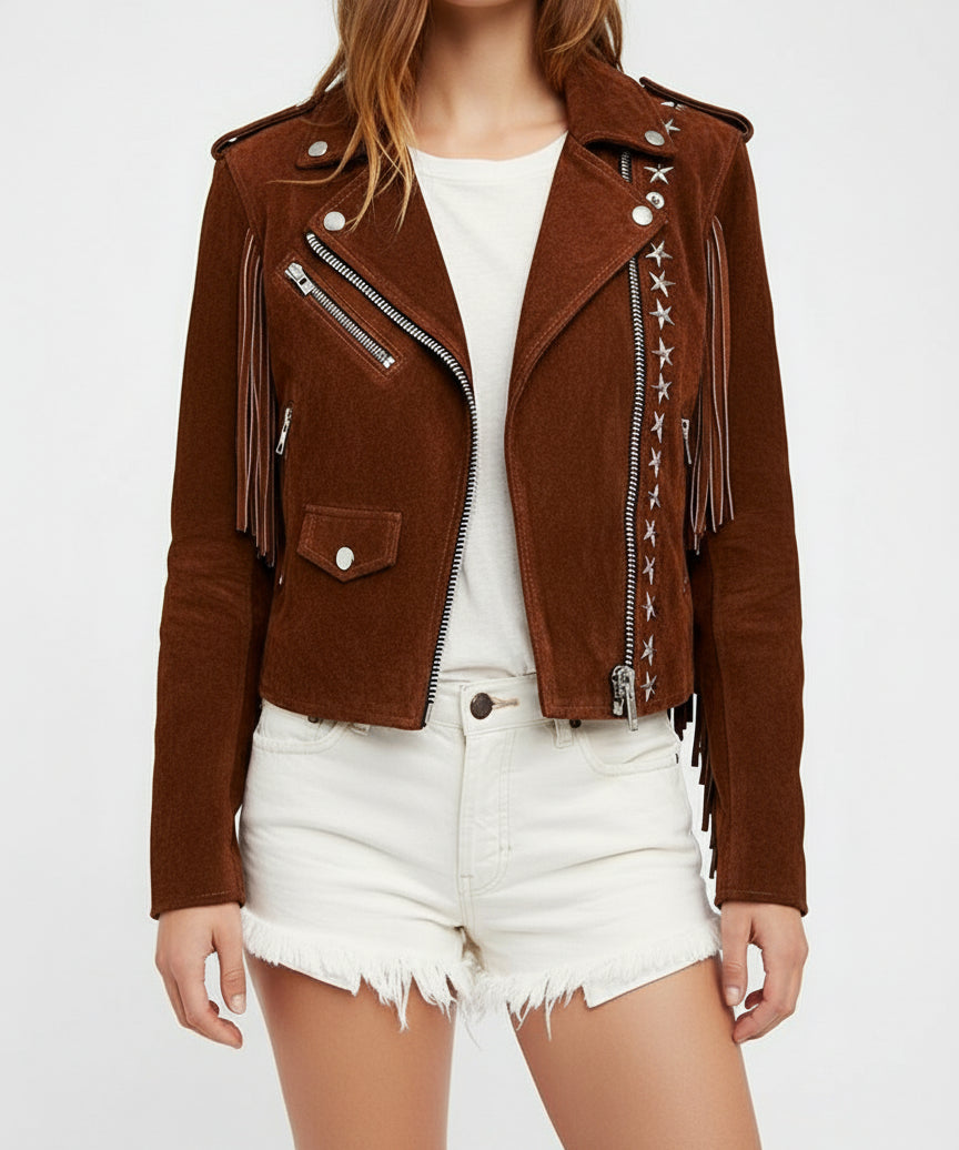 model-front-open - Punk Women Brown Rock Style Studded Fringe Jacket, Biker Suede Jacket
