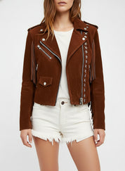 model-front-open - Punk Women Brown Rock Style Studded Fringe Jacket, Biker Suede Jacket