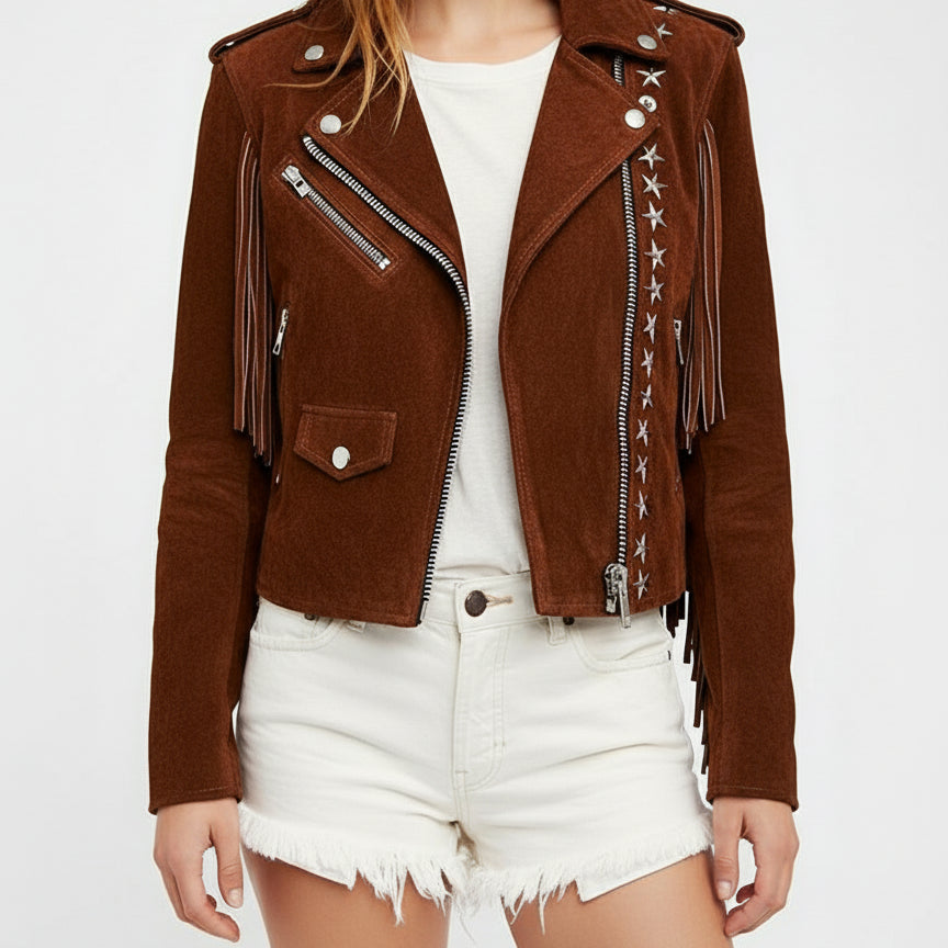 model-front-open - Punk Women Brown Rock Style Studded Fringe Jacket, Biker Suede Jacket