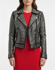 model-front-open - Women All over sliver studded Moto Jacket, 's Fashion moto Jacket