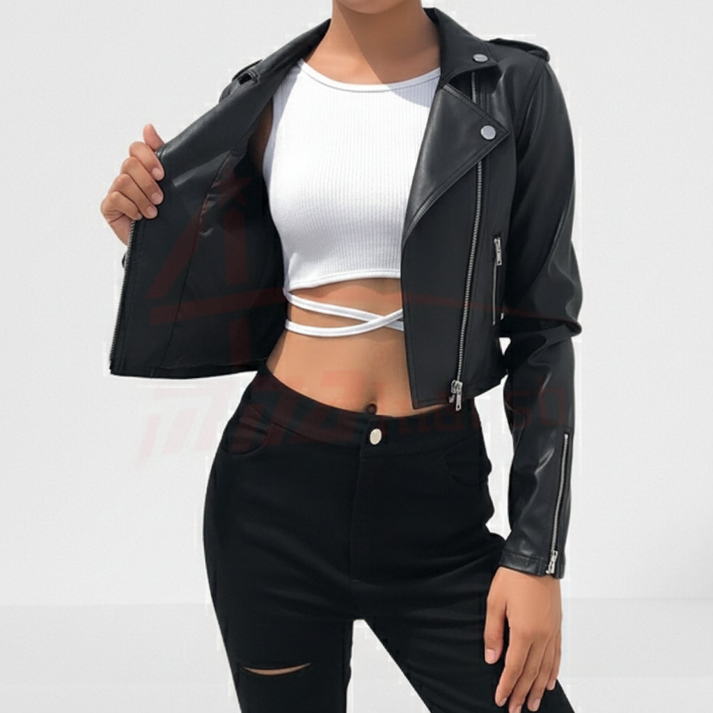 model-front-open - Women Black Leather Cropped Biker Jacket, Chic fashion cropped jacket
