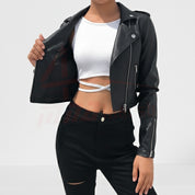 model-front-open - Women Black Leather Cropped Biker Jacket, Chic fashion cropped jacket