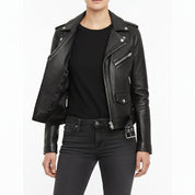 model-front-open - Women Black Leather moto Jacket, Womens Fashion black leather belted Jacket