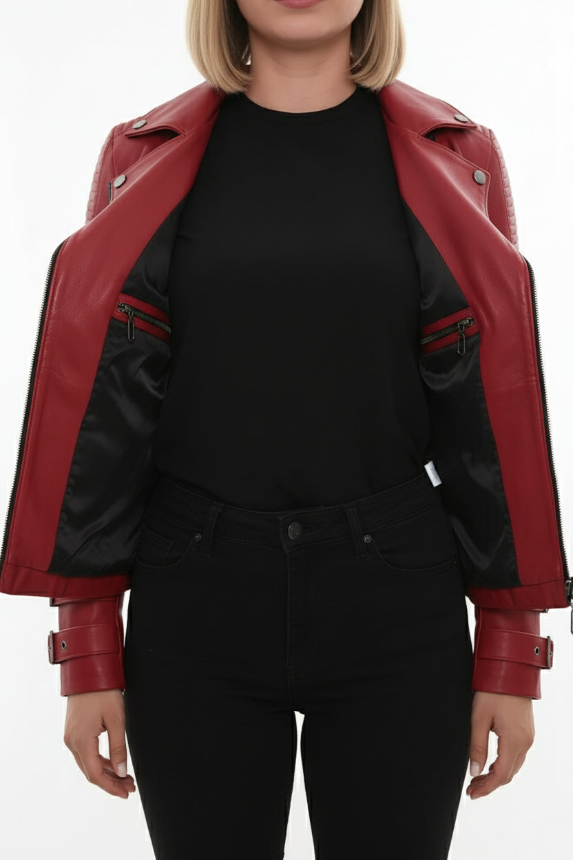 model-front-open - Women's Biker Leather Jacket, Moto Jacket for Women, Handmade Leather Biker Jacket, Asymmetrical Zip Women's Jacket