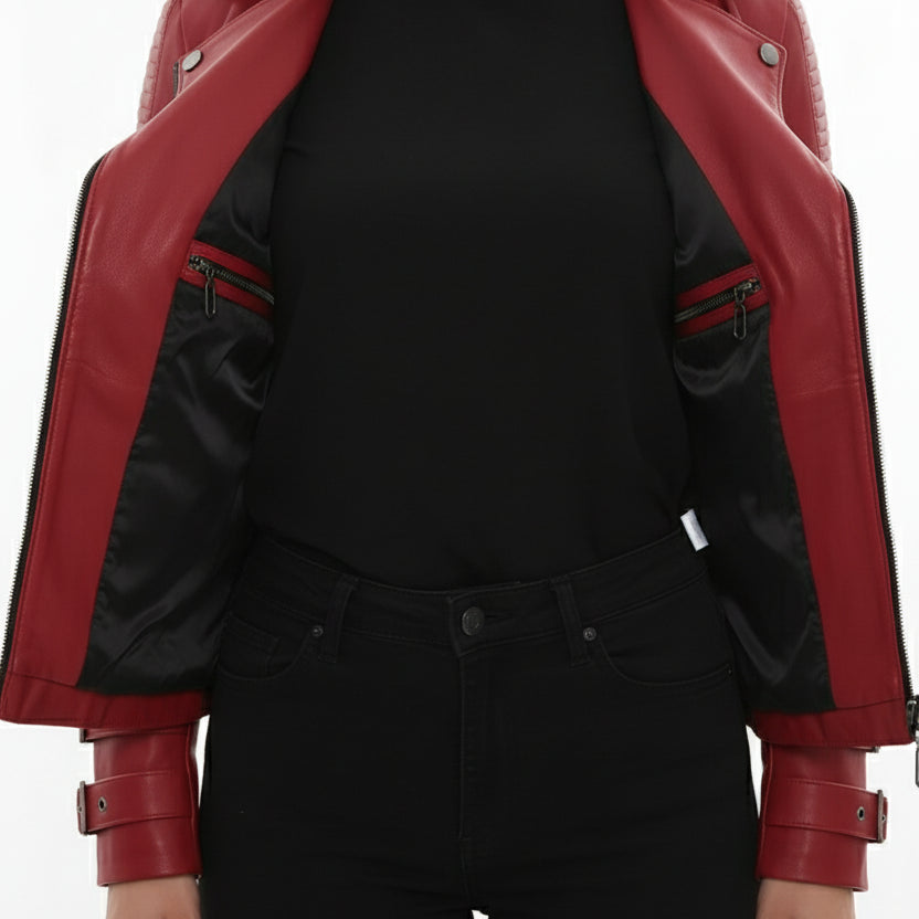 model-front-open - Women's Biker Leather Jacket, Moto Jacket for Women, Handmade Leather Biker Jacket, Asymmetrical Zip Women's Jacket