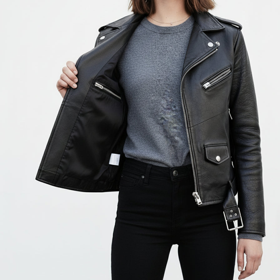 model-front-open - Women's Black Leather Biker Jacket