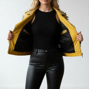 model-front-open - Women's Yellow Studded Spiked Cowhide Moto Jacket