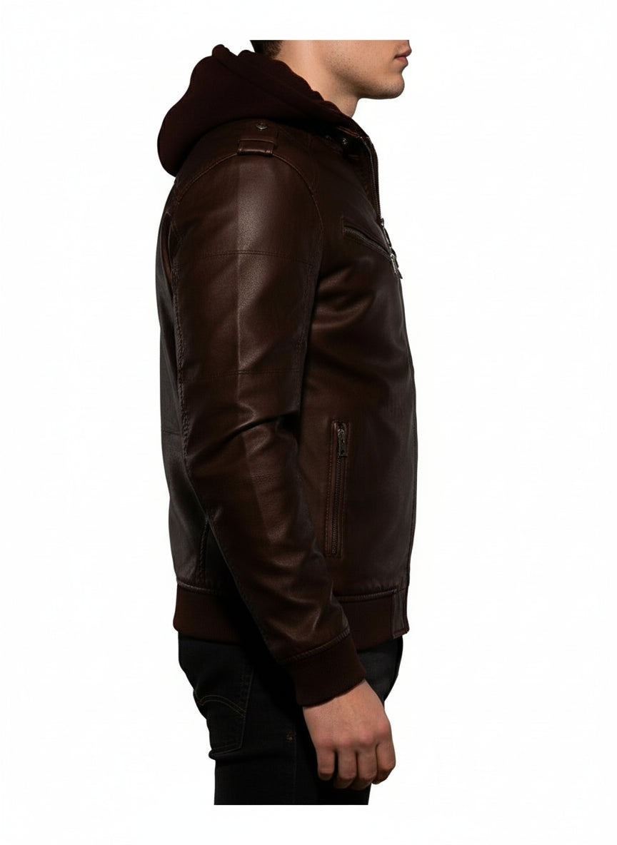 model-side-view - Antique Brown Leather Fashion Jacket for Men, Winter Leather Apparel,