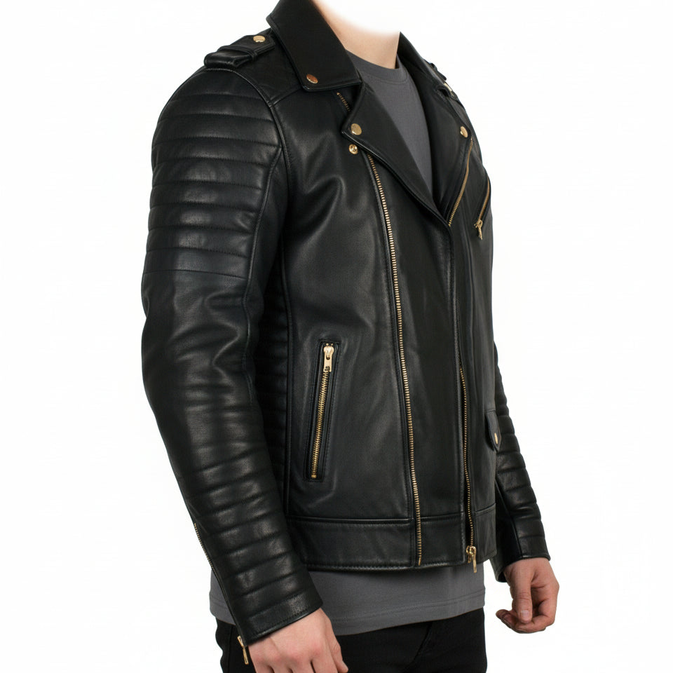 model-side-view - Black Biker Leather Jacket For Mens, Mens Fashion Leather Jacket
