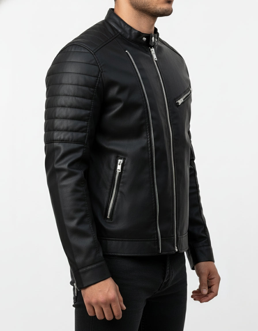 model-side-view - Black Color slim fit Leather Jacket for Mens, Genuine Leather Jacket