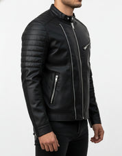 model-side-view - Black Color slim fit Leather Jacket for Mens, Genuine Leather Jacket