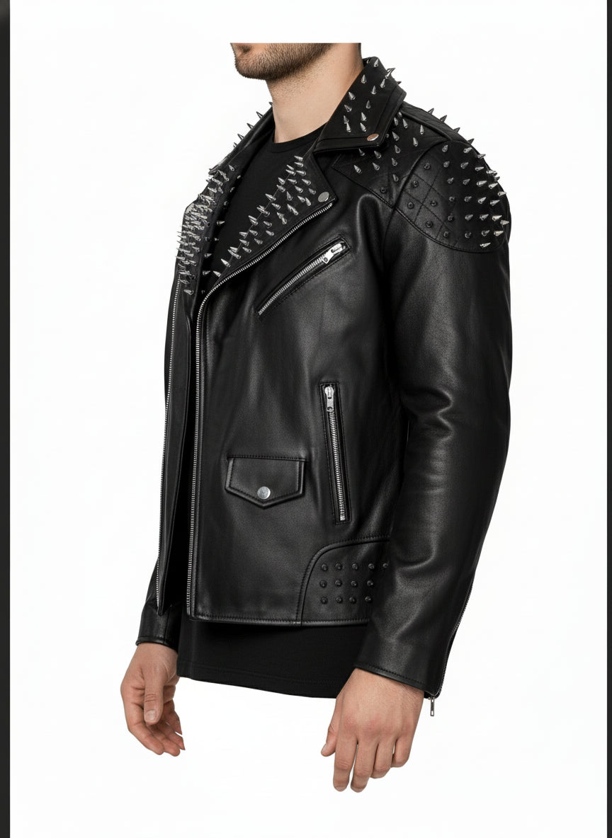 model-side-view - Black Gothic Style Studded Leather Jacket for Men, Rock Punk Leather Jacket