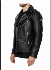 model-side-view - Black Gothic Style Studded Leather Jacket for Men, Rock Punk Leather Jacket