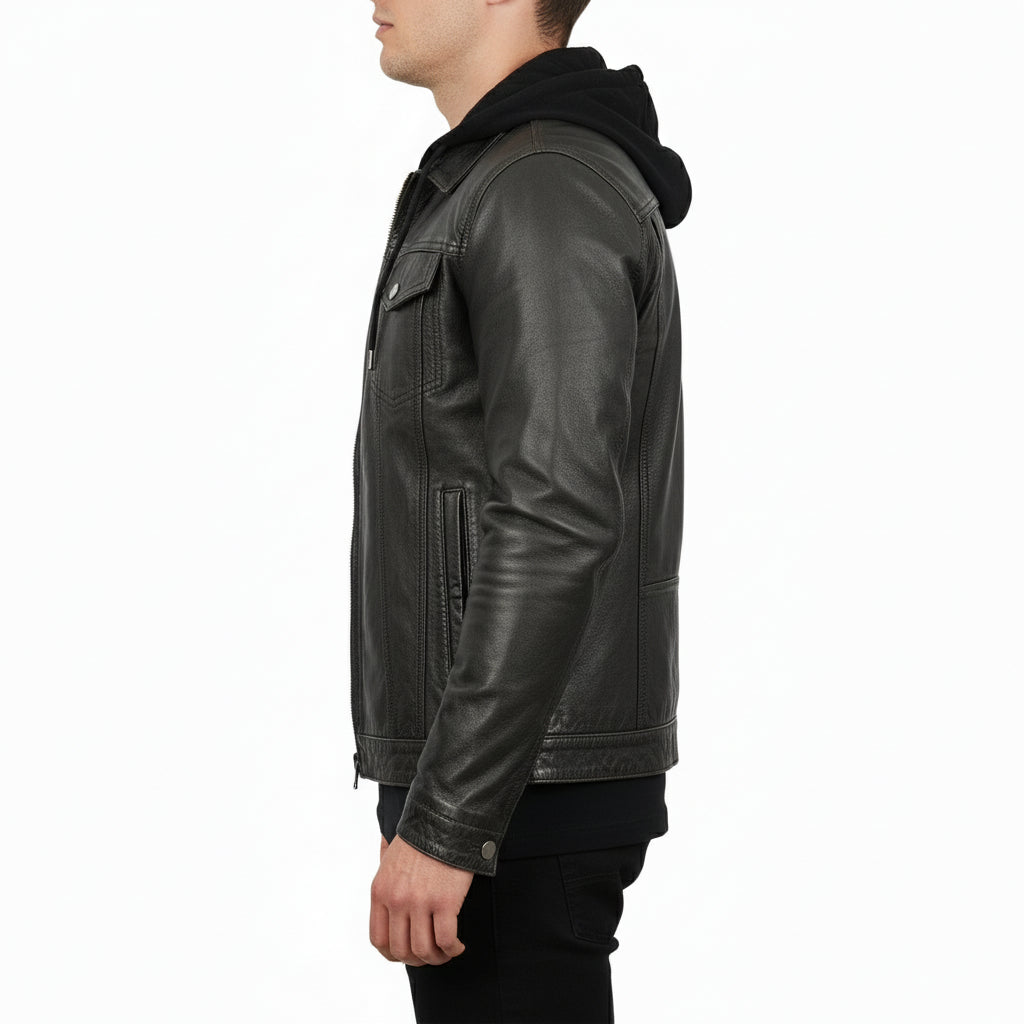 model-side-view - Black Leather Jacket with Hoodie, Men Winter Fashion Leather Jacket
