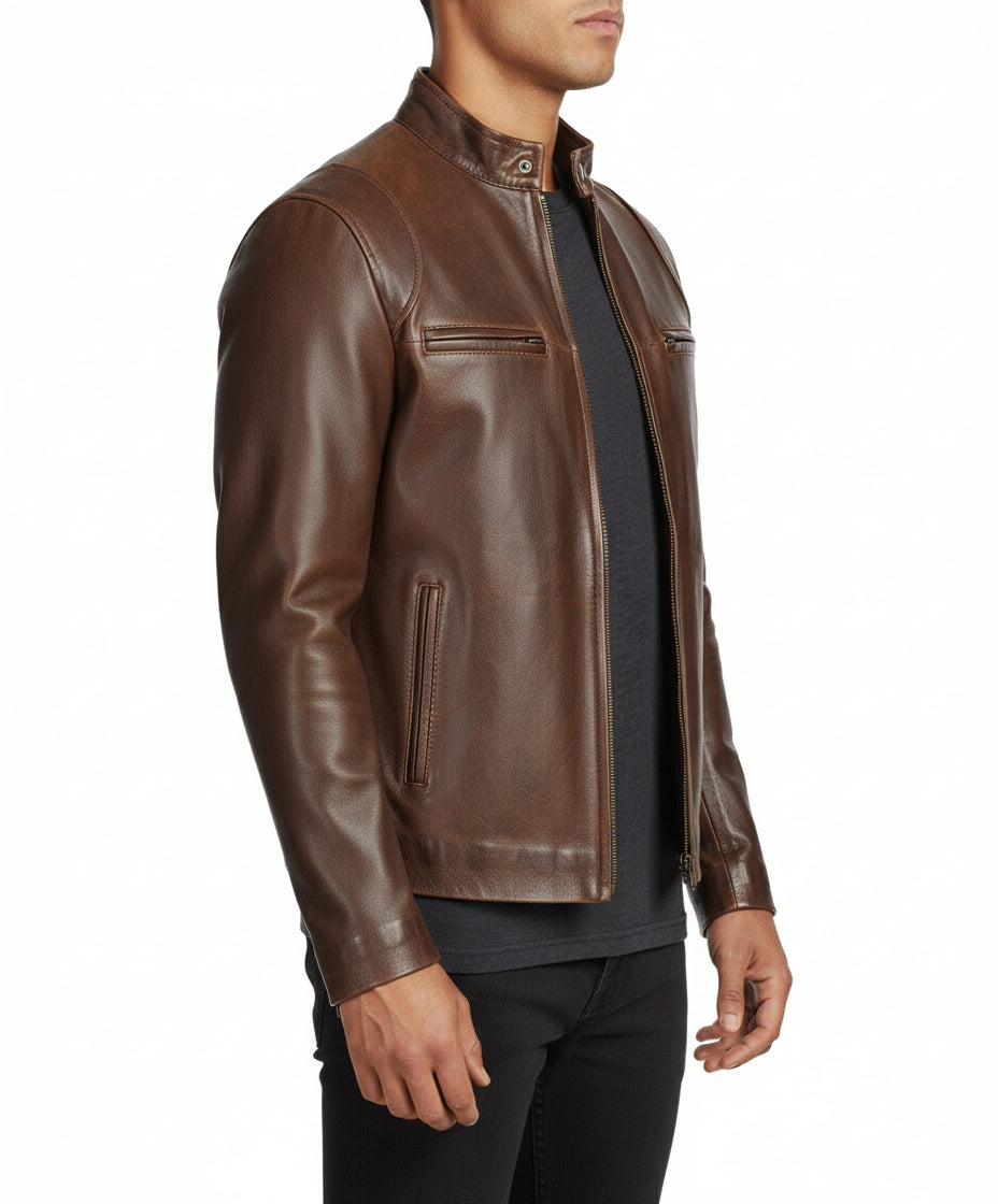 model-side-view - Classic Men antique Brown leather bomber jacket, Men biker leather jacket