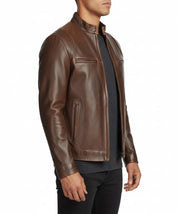model-side-view - Classic Men antique Brown leather bomber jacket, Men biker leather jacket