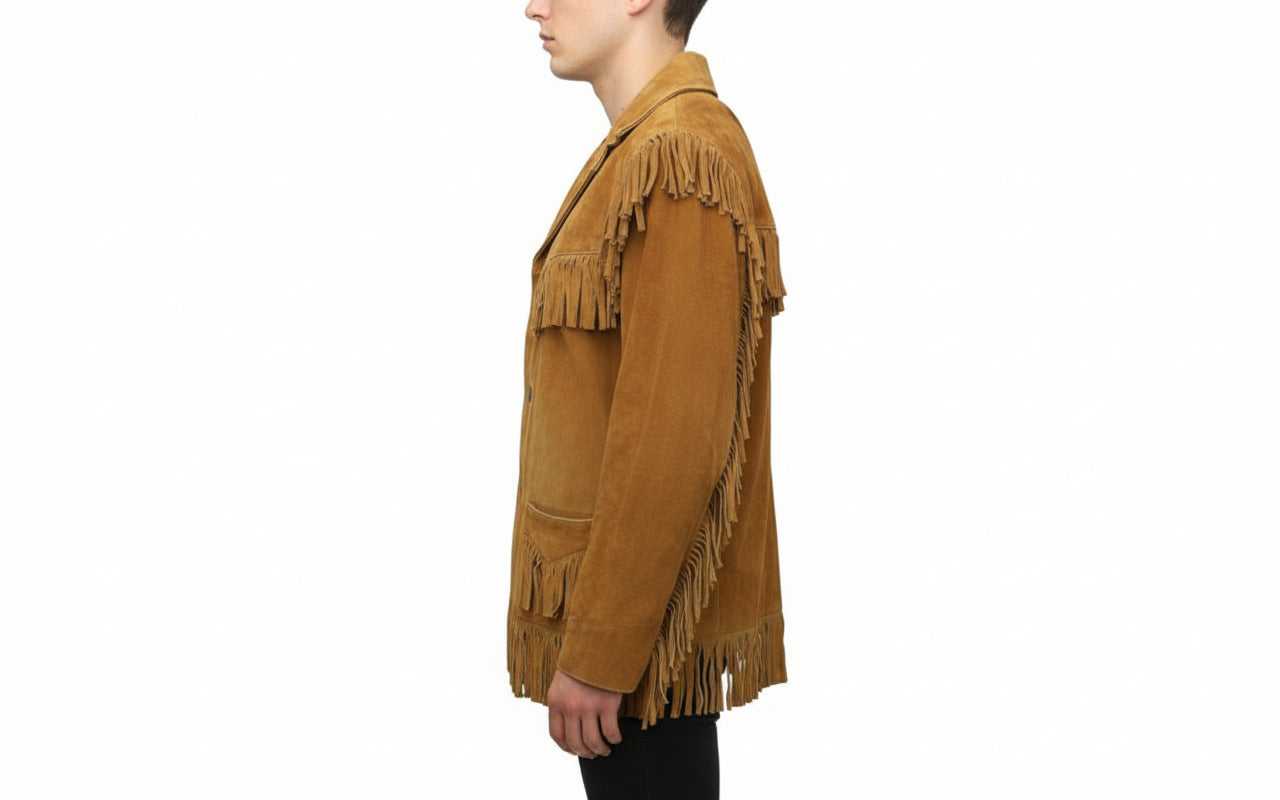 model-side-view - Cowboy Suede Leather Jacket for Men, Tan Cowboy Fringe Jacket, Stylish Western Jacket for Men