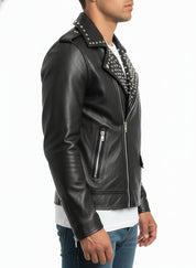 model-side-view - Fashion Leather Silver Studded Real Soft Leather Biker Style Jacket For Men