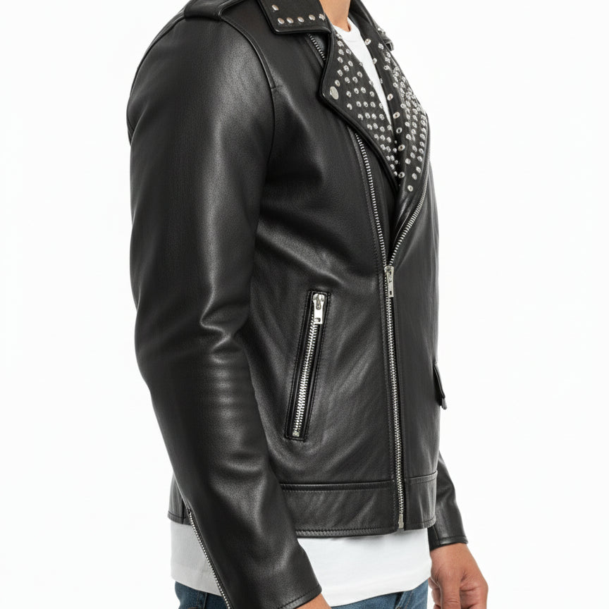 model-side-view - Fashion Leather Silver Studded Real Soft Leather Biker Style Jacket For Men