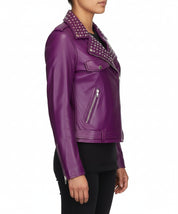 model-side-view - Gothic Women Purple Leather Studded Biker Jacket, Women Biker Jacket