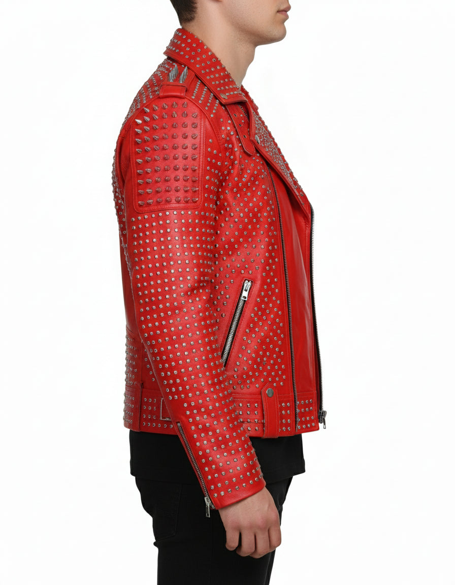 model-side-view - Hand Studded Red spiked leather jacket for men, Rivet Punk studded jacket