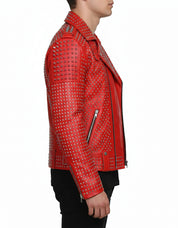 model-side-view - Hand Studded Red spiked leather jacket for men, Rivet Punk studded jacket