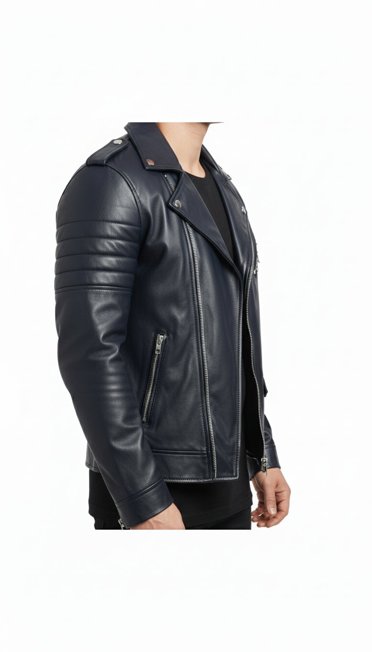 model-side-view - Handmade Men Black Cowhide Fashion Leather Jacket, Leather Jackets For
