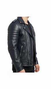 model-side-view - Handmade Men Black Cowhide Fashion Leather Jacket, Leather Jackets For