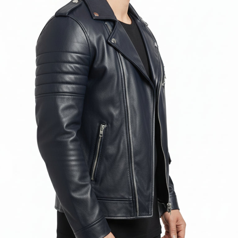 model-side-view - Handmade Men Black Cowhide Fashion Leather Jacket, Leather Jackets For
