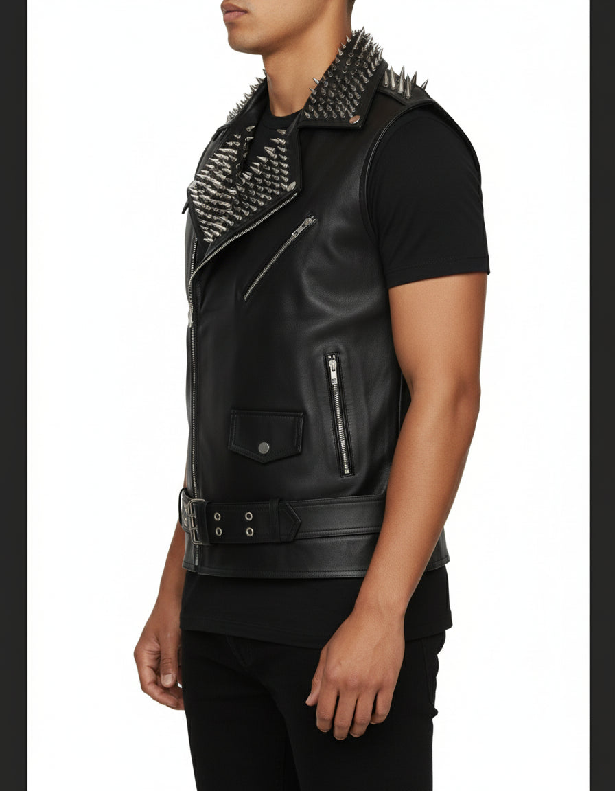 model-side-view - Handmade Men Black Leather Vest Style Jacket with stud work, Men Rock Punk