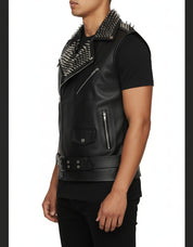model-side-view - Handmade Men Black Leather Vest Style Jacket with stud work, Men Rock Punk