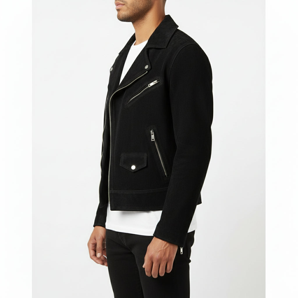 model-side-view - Handmade Men Front Zipper Fasten Black Suede Biker Jackets, Real Suede