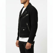 model-side-view - Handmade Men Front Zipper Fasten Black Suede Biker Jackets, Real Suede