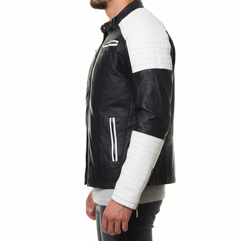model-side-view - Handmade Mens black and white slim fit biker jacket, Men leather Jacket