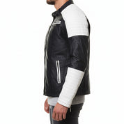 model-side-view - Handmade Mens black and white slim fit biker jacket, Men leather Jacket