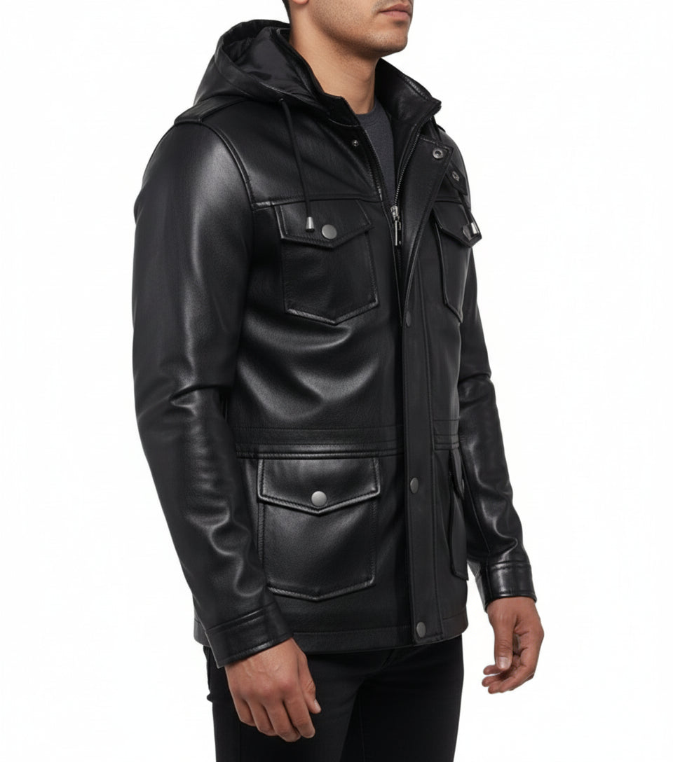 model-side-view - Handmade Mens Black Biker hooded leather jacket, Black sheep leather jacket
