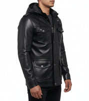 model-side-view - Handmade Mens Black Biker hooded leather jacket, Black sheep leather jacket